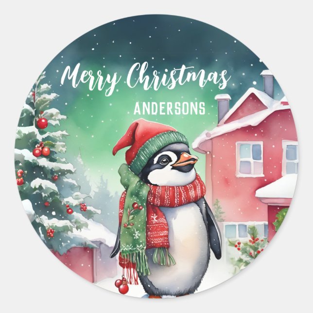 Cute penguin Santa Christmas birthday snow party Classic Round Sticker (Front)