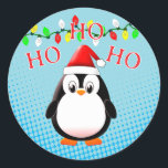 Cute Penguin Santa Hat Christmas Lights Classic Round Sticker<br><div class="desc">A cute black and white penguin drawing. Ho,  ho,  ho!
Baby animal stickers. Santa Claus hat version with Christmas lights in the background.
Gift idea for kids.</div>