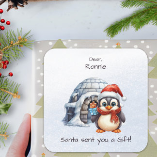Cute Penguin Santa Hat Snowflakes Kids Christmas Square Sticker