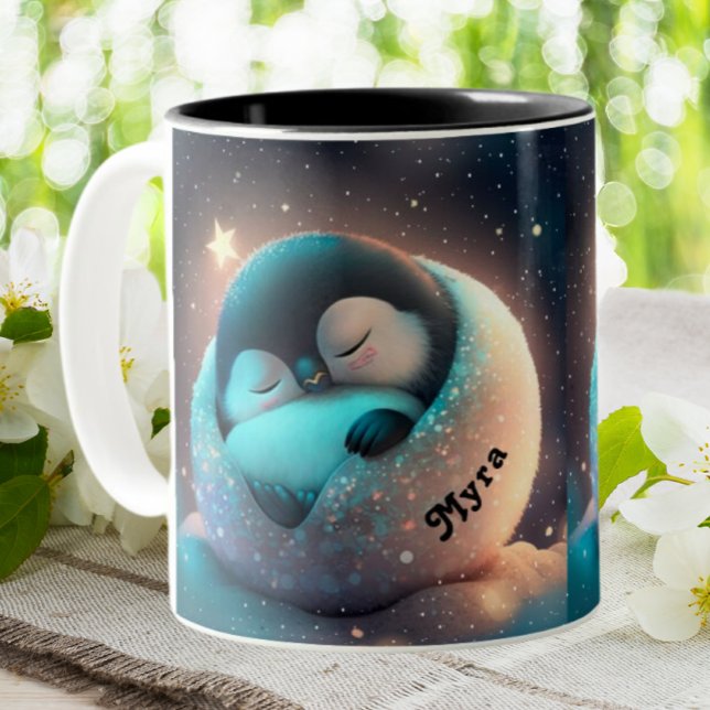 Cute Penguin sleeping Stars Moon Personalised  Two-Tone Coffee Mug (Creator Uploaded)