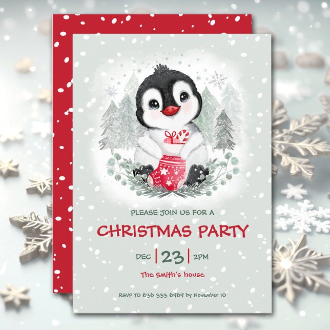 Cute Penguin Snow Ice Red Christmas Invitation (Cute Penguin Snow Ice Red Christmas Invitation)