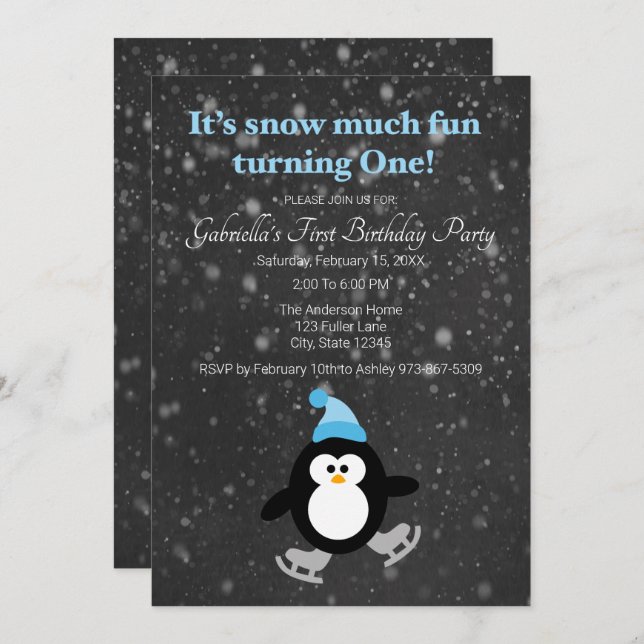 Cute Penguin Snow Much Fun Turning One Birthday Invitation (Front/Back)