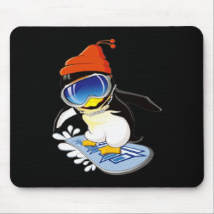 Cute Penguin Snowboarding Surfer Winter Hat Mouse Pad