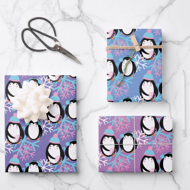 Cute Penguin Snowflakes Whimsical Wrapping Paper Sheet (Front)