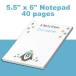 Cute penguin stars and name blue kids notepad<br><div class="desc">A notepad for kids.
Featuring a cute penguin and stars.
Add a name.
Gift idea.
Blue and yellow.</div>