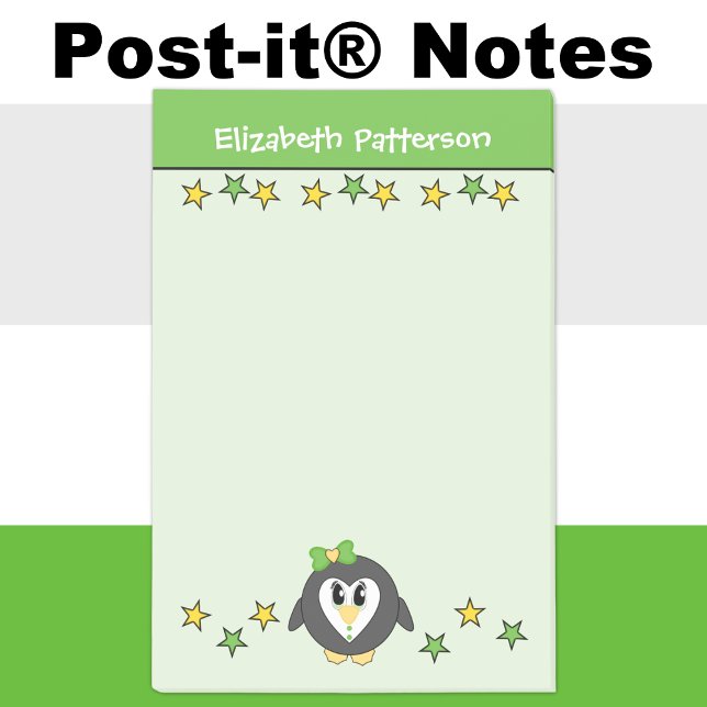 Cute penguin stars name kids green yellow post-it notes (Creator Uploaded)