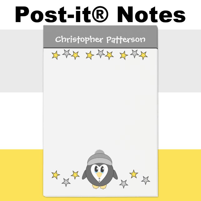 Cute penguin stars name kids grey yellow post-it notes (Creator Uploaded)