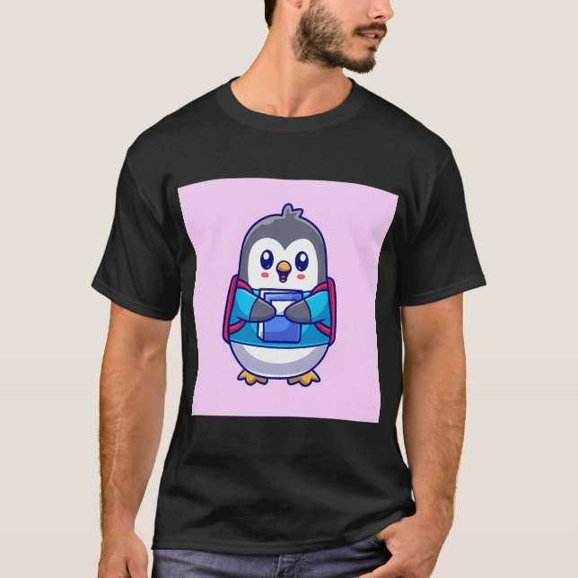 Cute Penguin Student Holding Book with Backpack Ca T-Shirt (Front)