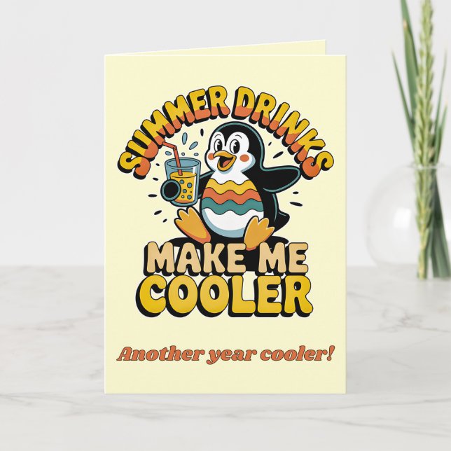 Cute Penguin Summer Drinks Make Me Cooler Retro Card (Front)