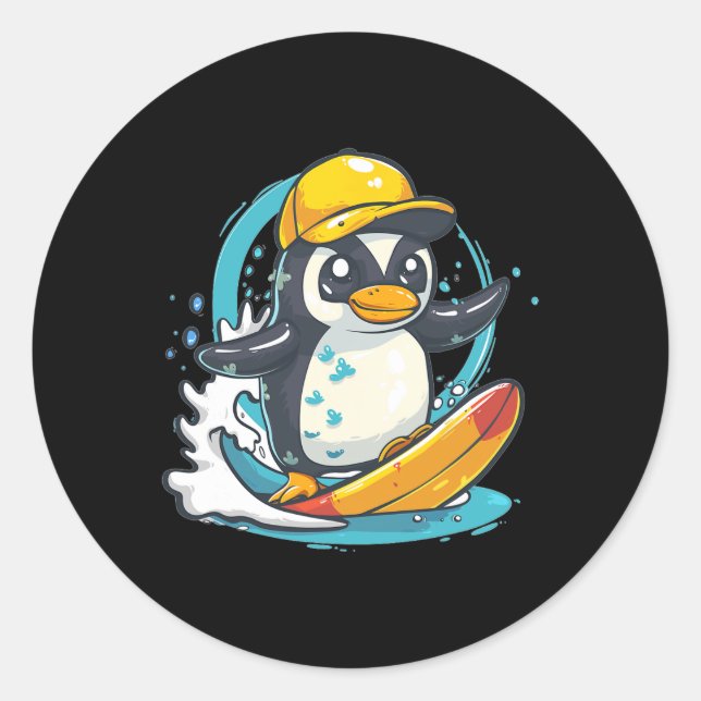 Cute Penguin Surfing  Classic Round Sticker (Front)