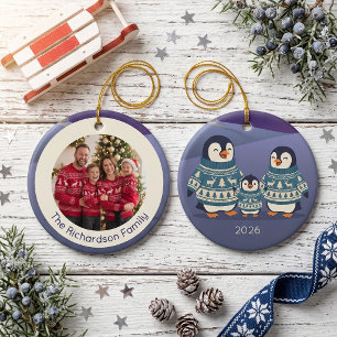 Cute Penguin Sweater Family Custom Photo Ceramic Tree Decoration