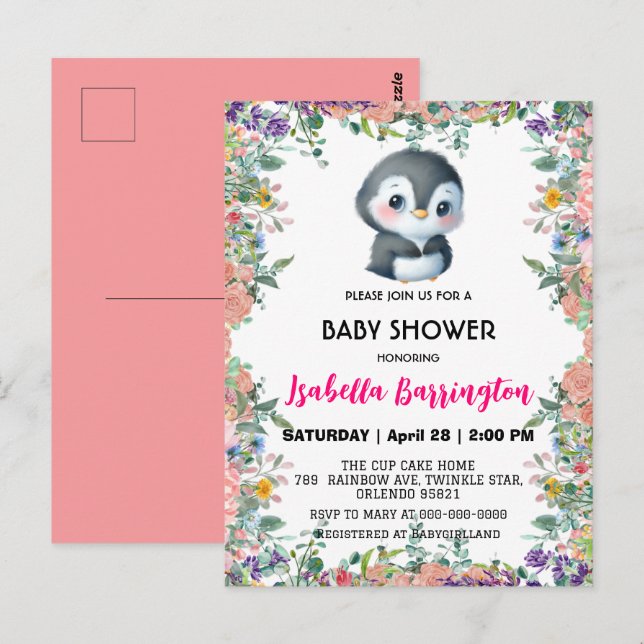 Cute penguin sweet colourful flower baby shower ki postcard (Front/Back)
