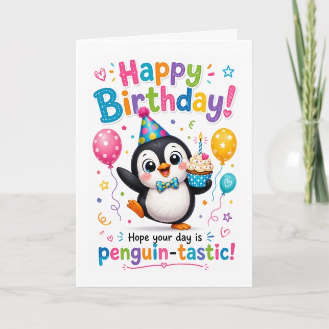 Cute Penguin-Tastic Birthday Celebration Card (Front)