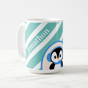 Cute Penguin & Teal Stripes Custom Name Winter Coffee Mug