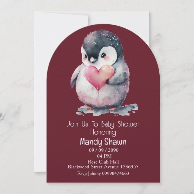 Cute Penguin themed Baby Shower Invitation (Front)