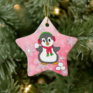 Cute Penguin Throwing Snowballs Christmas Ceramic Tree Decoration