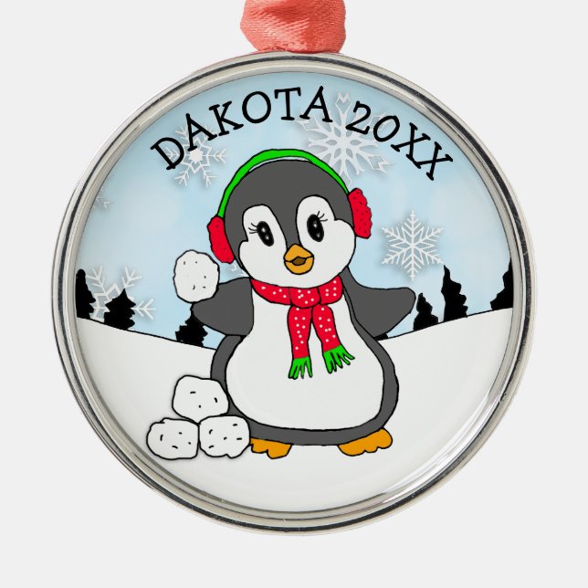 Cute Penguin Throwing Snowballs Christmas Metal Tree Decoration (Front)