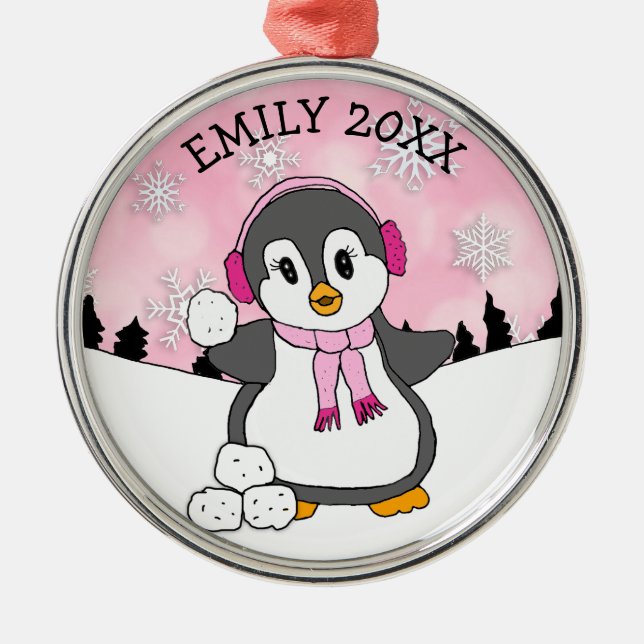 Cute Penguin Throwing Snowballs Christmas Metal Tree Decoration (Front)