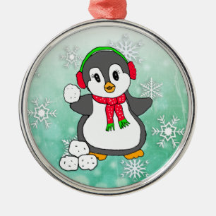 Cute Penguin Throwing Snowballs Christmas Metal Tree Decoration