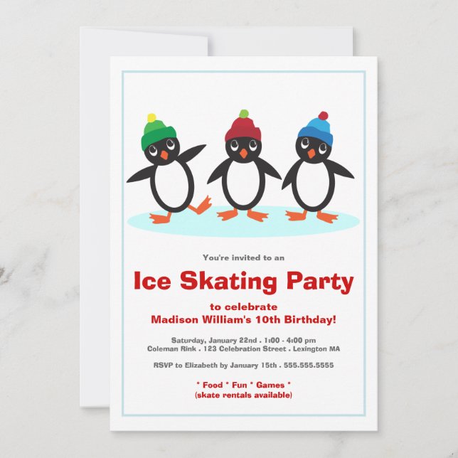 Cute Penguin Trio Ice Skating Birthday Party Invitation (Front)