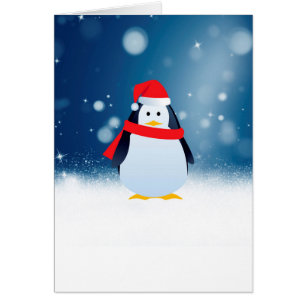 Cute Penguin w Red Santa Hat Christmas Snow Stars
