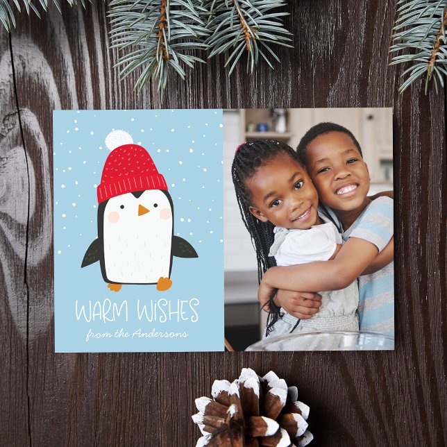 Cute Penguin Warm Wishes Photo Holiday Card (Creator Uploaded)