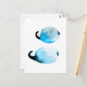 Cute penguin watercolor art postcard