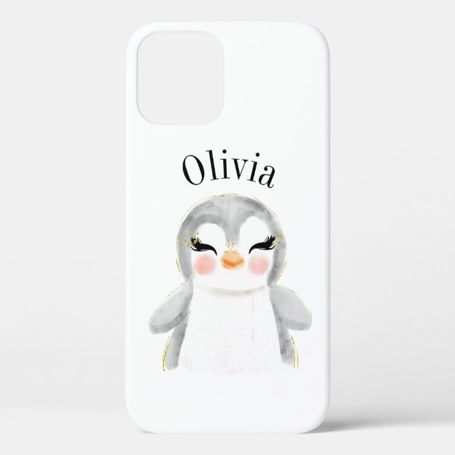 Cute Penguin Watercolor Name Modern Case-Mate iPhone Case (Back)