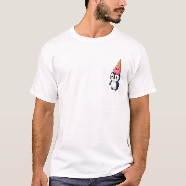 Cute Penguin Wearing Pink Strawberry Ice Cream T-Shirt (Front)