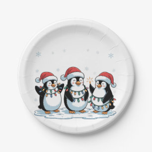 Cute Penguin Wearing Santa Hat Xmas Penguin Lover Paper Plate