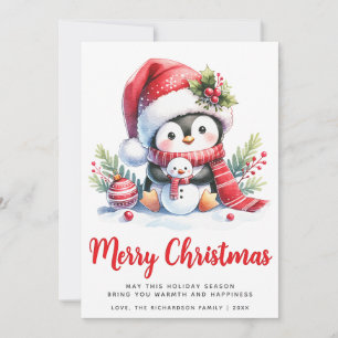 Cute Penguin White and Red Merry Christmas Holiday Card