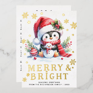 Cute Penguin White Red Gold Merry Bright Christmas