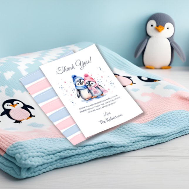 Cute Penguin Winter Animal Gender Reveal Party Thank You Card (Creator Uploaded)