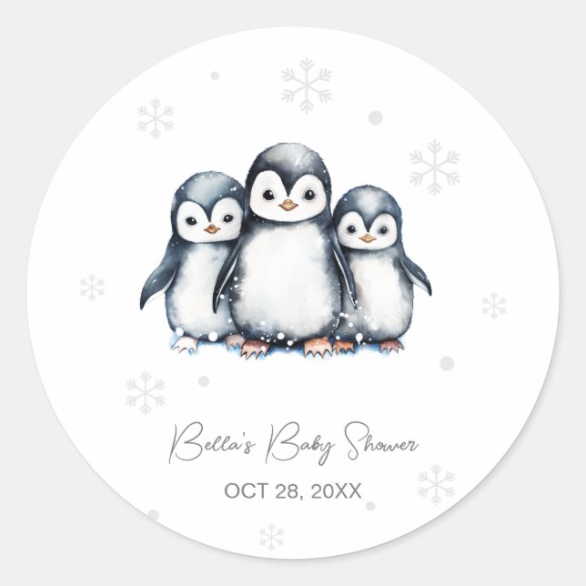 Cute Penguin Winter Baby Shower  Classic Round Sticker (Front)