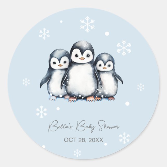 Cute Penguin Winter Baby Shower Classic Round Sticker (Front)