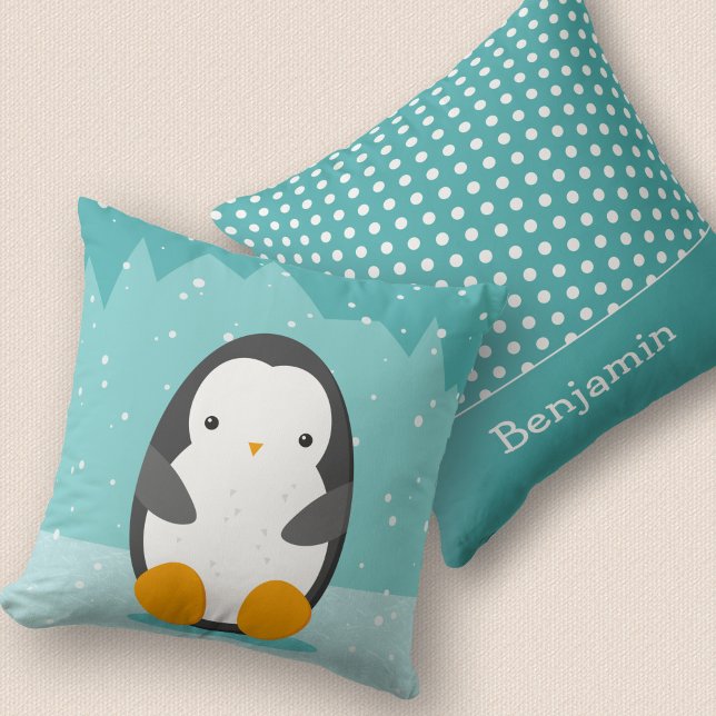 Cute Penguin Winter Cartoon and Name Blue 2-sided  Cushion (Creator Uploaded)