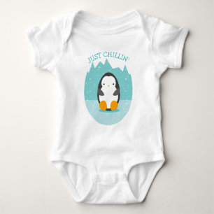 Cute Penguin Winter Cartoon Just Chillin Fun text Baby Bodysuit