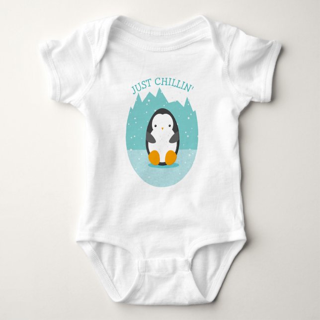 Cute Penguin Winter Cartoon Just Chillin Fun text Baby Bodysuit (Front)