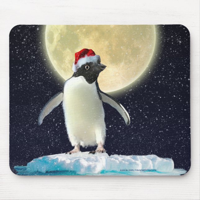 Cute Penguin & Winter Moon Christmas Mousemat (Front)
