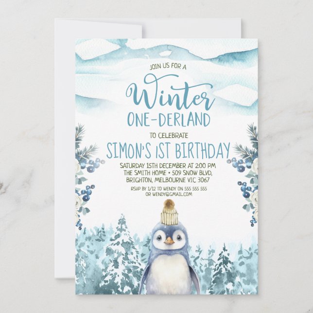 Cute Penguin Winter Onederland Birthday Invitation (Front)