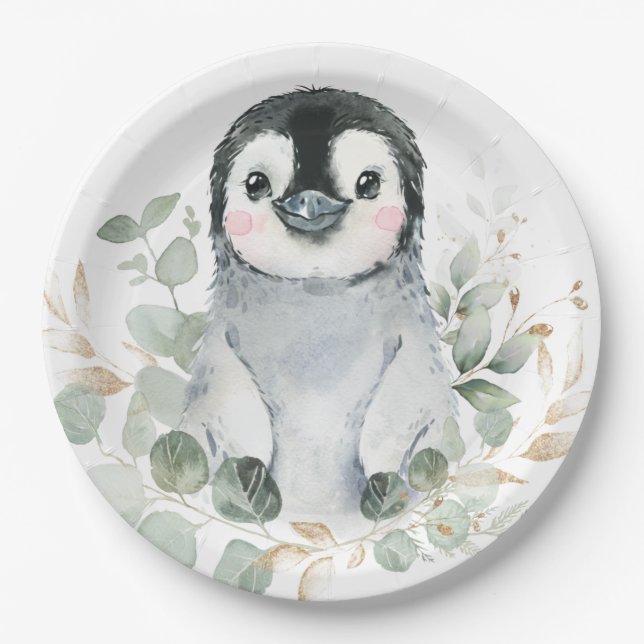Cute Penguin Winter Onederland Greenery Gold Party Paper Plate (Front)
