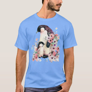 Cute penguin with baby and flowers T-Shirt