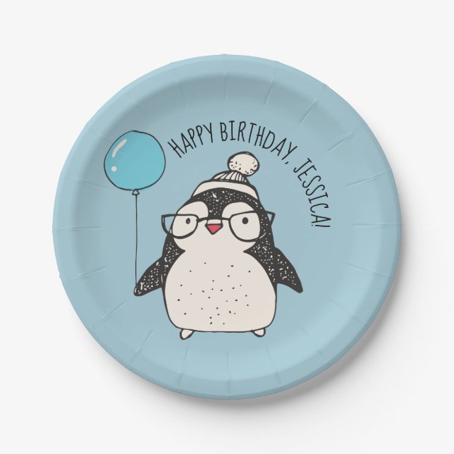 Cute Penguin with Blue Balloon Personalised Paper Plate (Front)