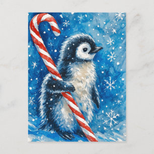 Cute Penguin with Candy Cane Christmas Postcard