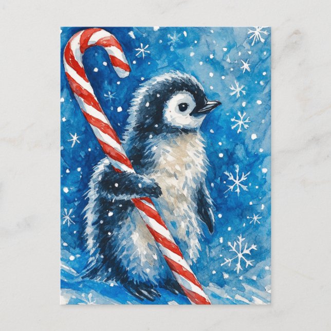 Cute Penguin with Candy Cane Christmas Postcard (Front)