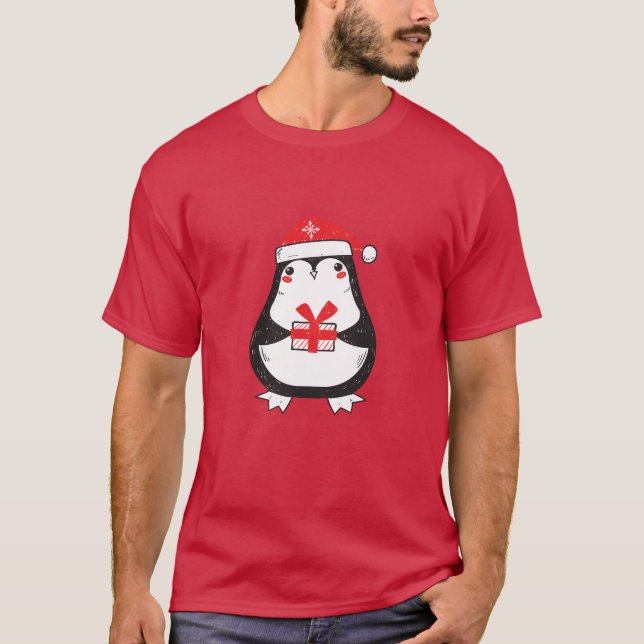 Cute Penguin with Christmas Gift T-Shirt (Front)