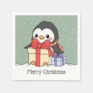 Cute penguin with Christmas gifts in the snowfall  Napkin