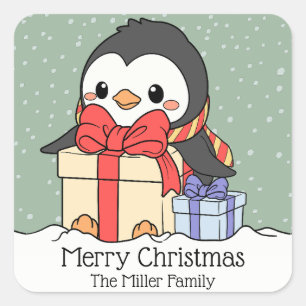 Cute penguin with Christmas gifts in the snowfall  Square Sticker