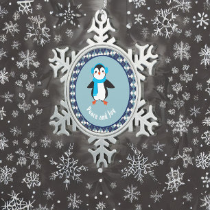 Cute Penguin with Earmuffs Peace and Joy Snowflake Pewter Christmas Ornament