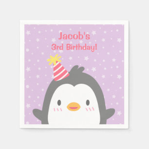 Cute Penguin with Hat Purple Birthday Party Napkin